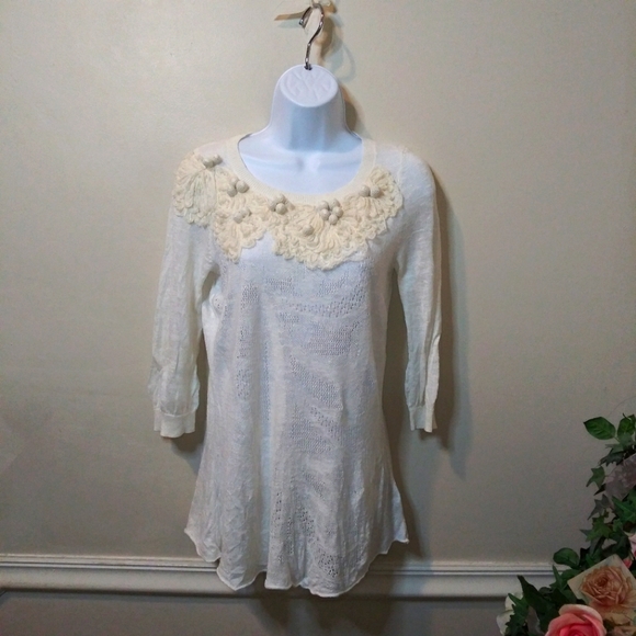 Anthropologie Floreat Ivory Cottagecore Style Crocheted Linen Blend Sweater - Picture 10 of 10